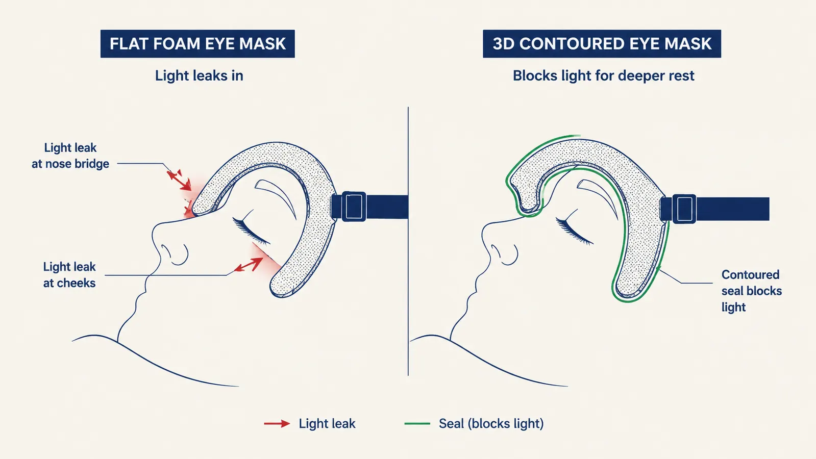 Side-by-side diagram showing how a flat eye mask lets light leak in along the nose bridge versus a contoured 3D mask that seals the gap