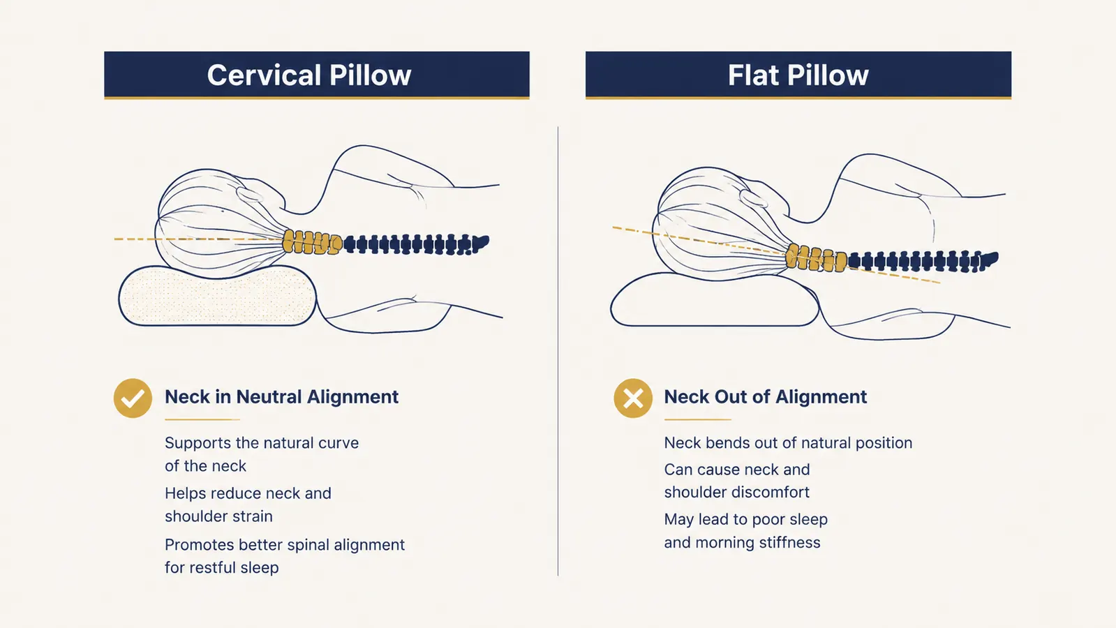 Diagram comparing neutral spine alignment with cervical pillow versus misaligned neck with flat pillow