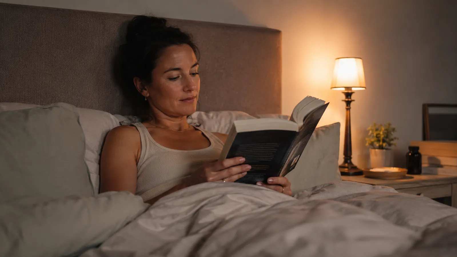 Person reading in bed with good neck posture supported by a contoured pillow