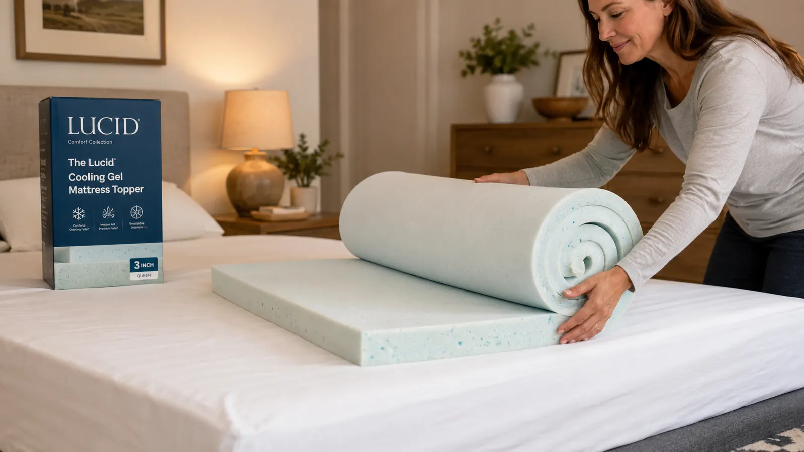 Hands unrolling a thick gel memory foam mattress topper onto a queen-size bed