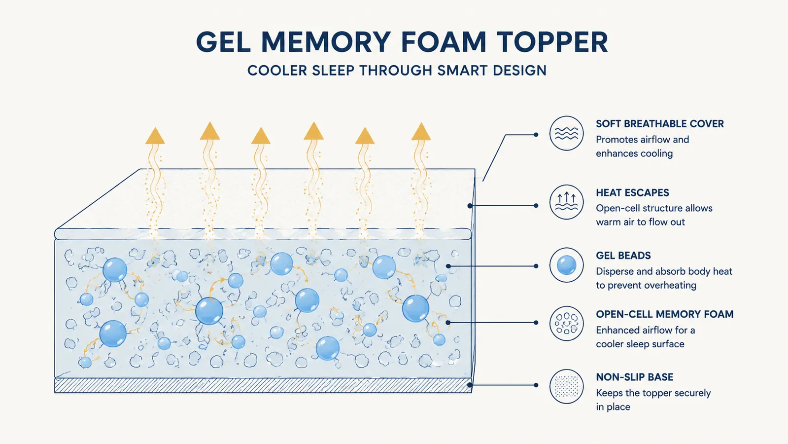 Cross-section diagram showing open-cell foam structure with airflow channels and gel beads inside a mattress topper