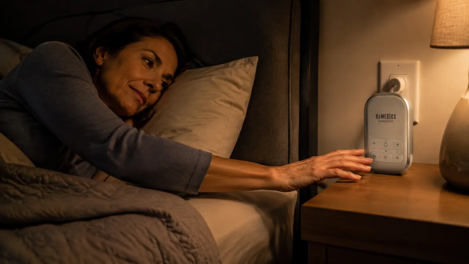 Hand plugging in a Homedics SoundSleep white noise machine on a nightstand
