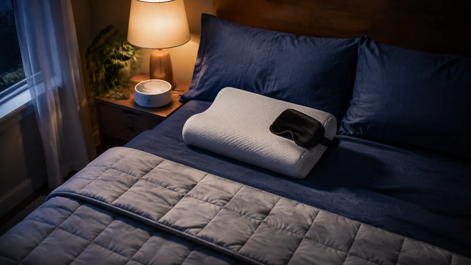 A grandmother in her late 60s sleeping peacefully in a softly lit bedroom in the dim blue light of early morning