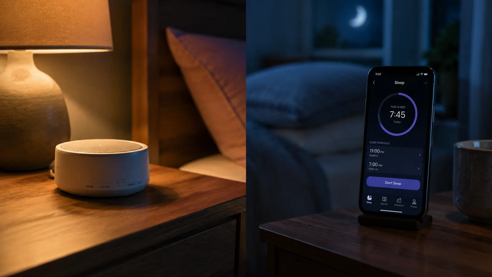 Side-by-side scene of a bedroom with a sound machine on one nightstand and a phone displaying a sleep app on the other, comparing dedicated hardware to an app