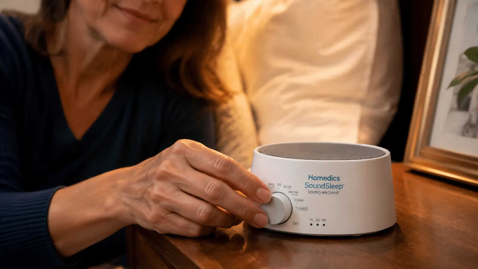 Hand turning the volume dial on the Homedics SoundSleep sound machine while it sits on a nightstand