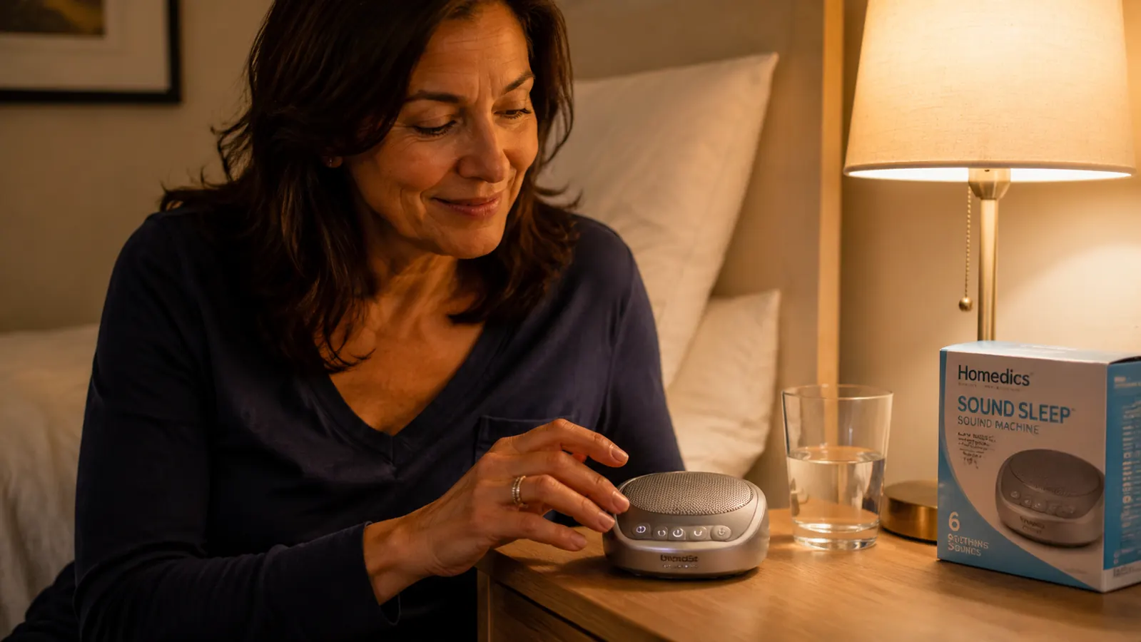 Small white noise machine on a bedside table next to a glass of water