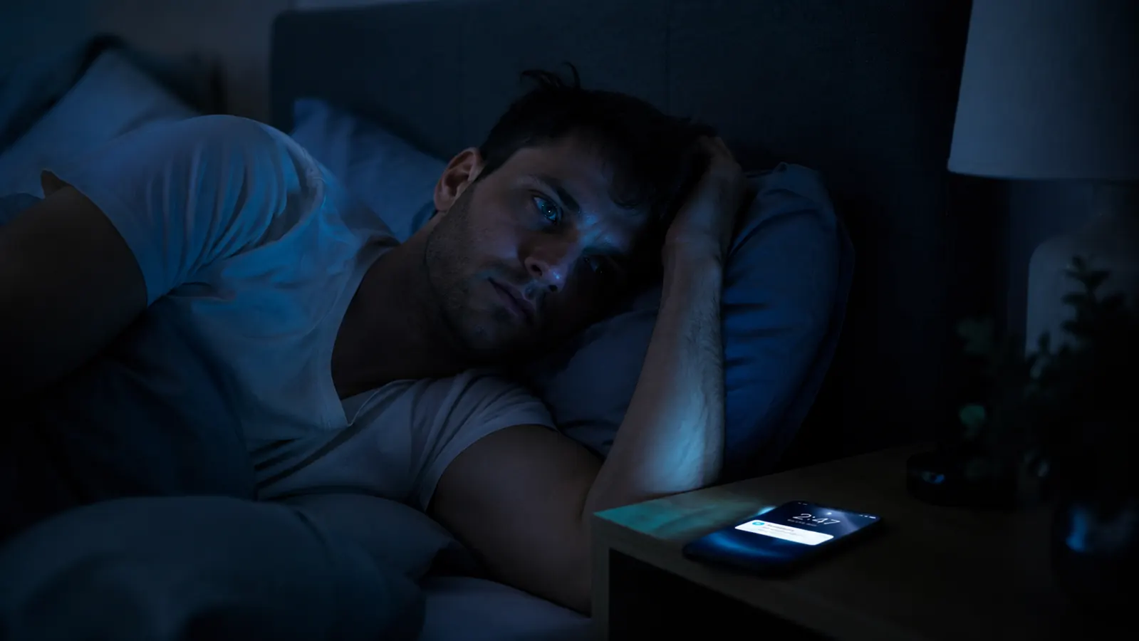 Person lying awake in a dark bedroom with a glowing phone screen on the nightstand showing a notification