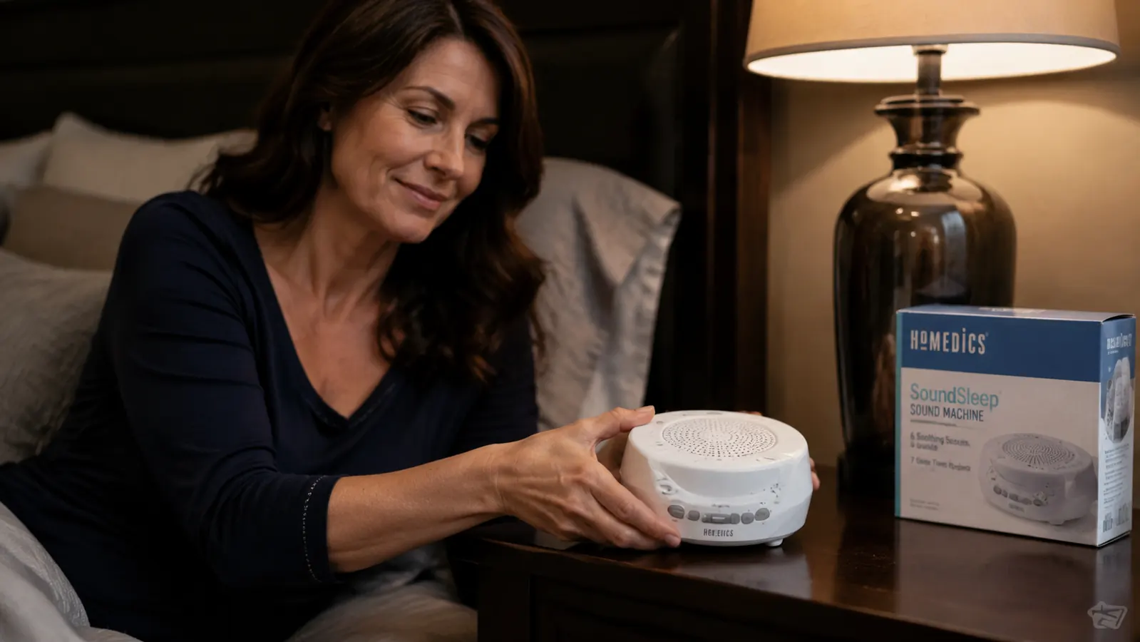 Hand placing a Homedics SoundSleep sound machine on a nightstand next to a glass of water