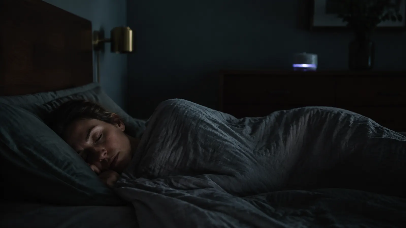 Person sleeping peacefully in a dark bedroom with a sound machine visible on the dresser