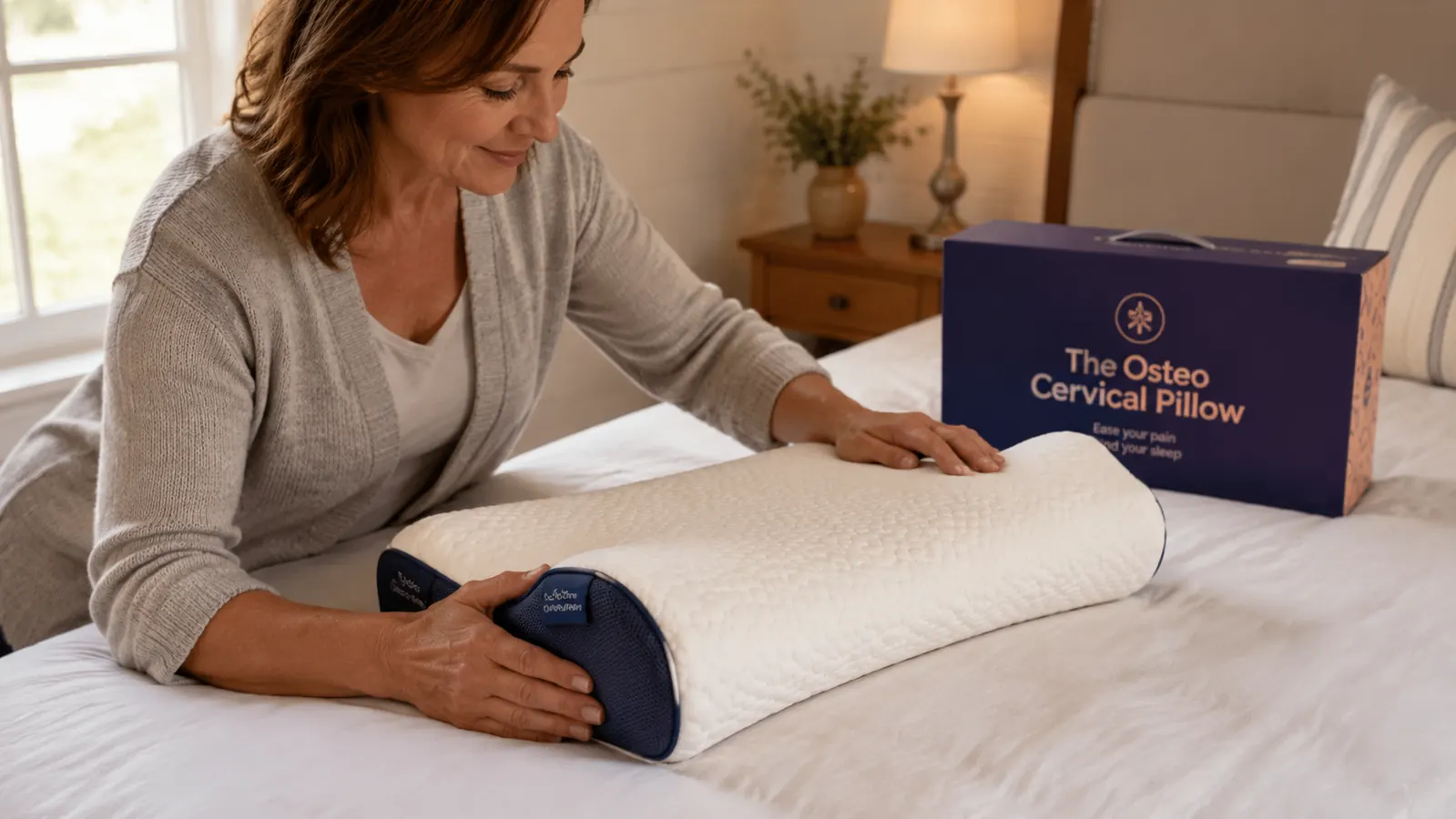 Hands placing an Osteo cervical pillow on top of a bed pillow to show correct positioning