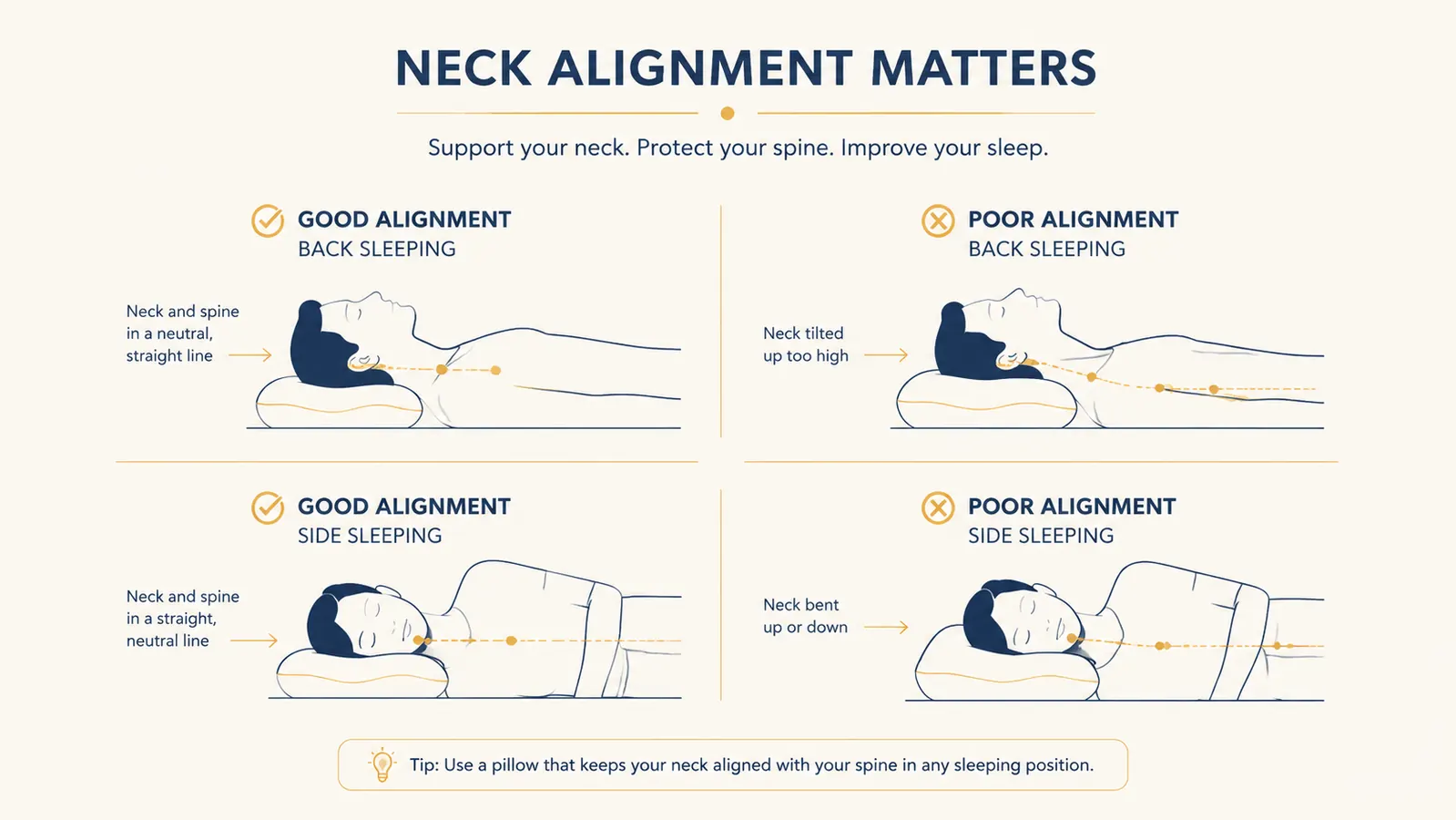Diagram showing correct back-sleeper and side-sleeper pillow height compared to incorrect positions