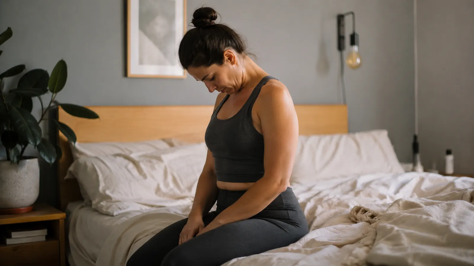 Person doing a gentle chin-tuck neck stretch while seated on the edge of a bed in the morning