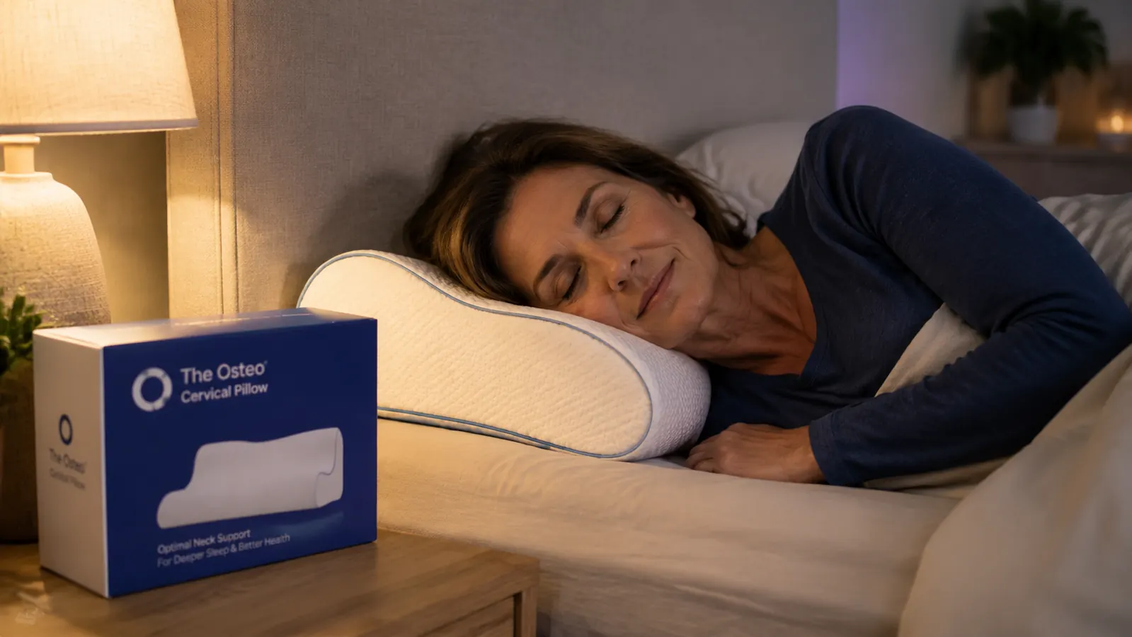 Person lying on their side in bed with a cervical pillow correctly supporting their neck and head alignment
