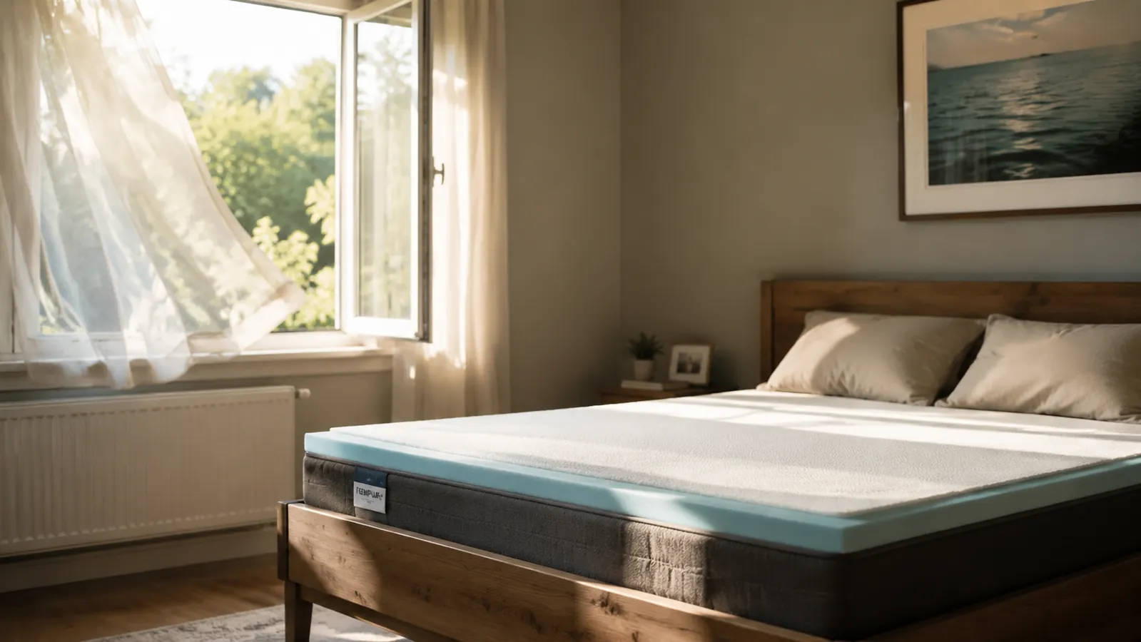 Open bedroom window with sheer curtains blowing, foam mattress topper visible on bed in background being aired out