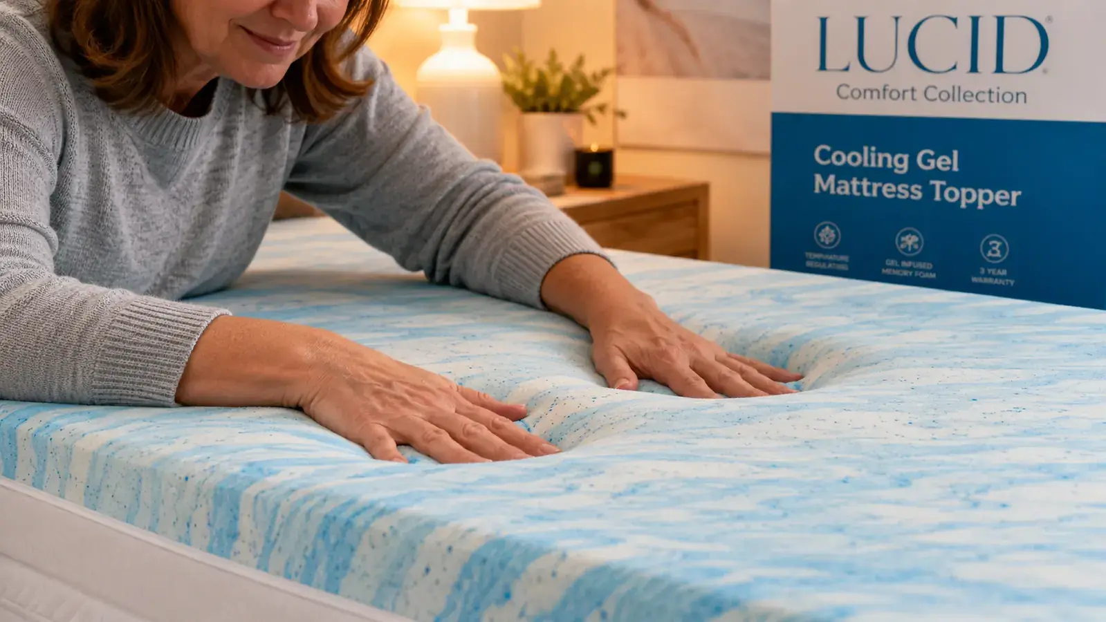 Hands pressing into a blue gel-infused memory foam mattress topper showing the material compressing