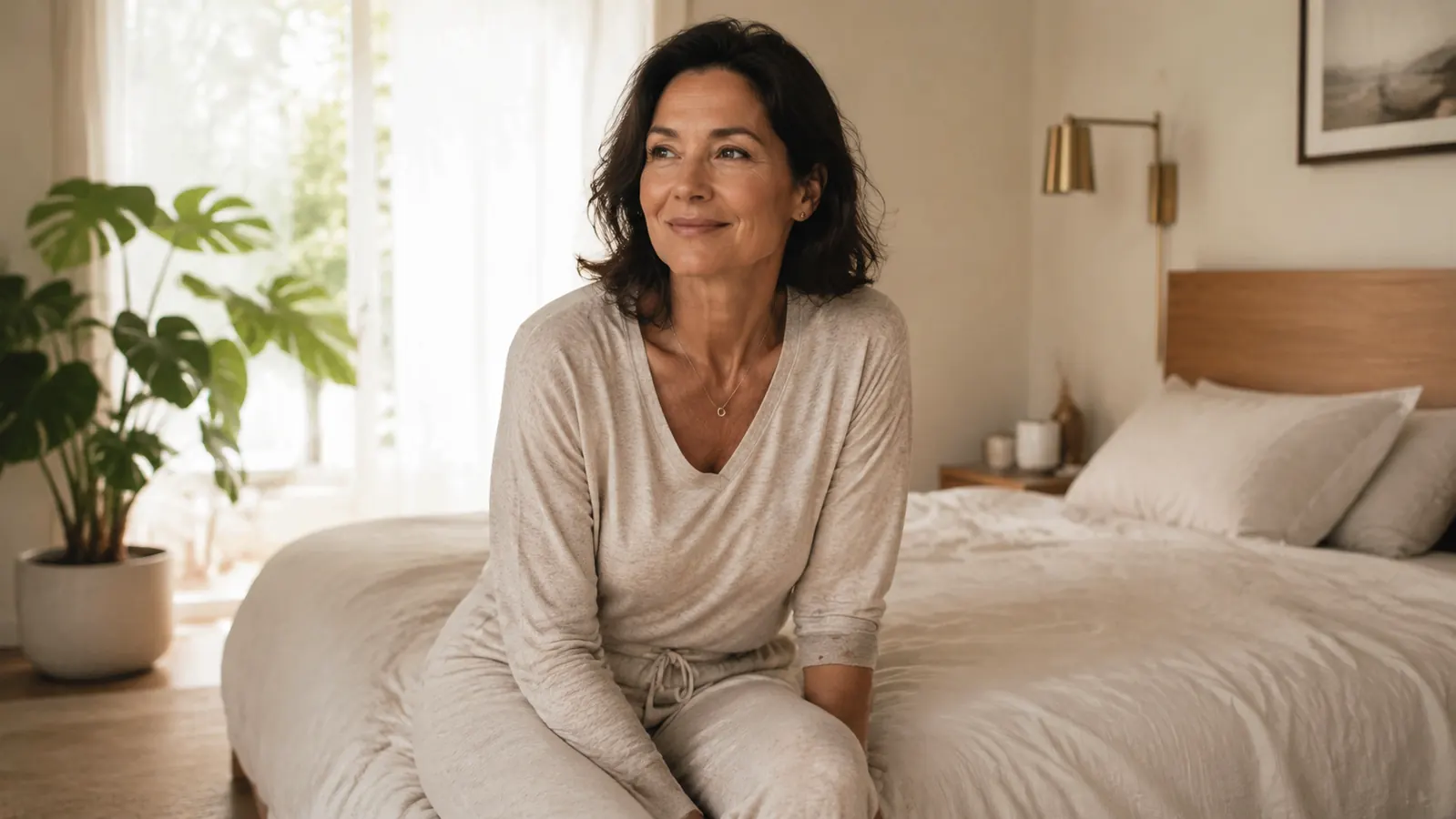 Person sitting on the edge of a made bed in the morning, looking rested and calm