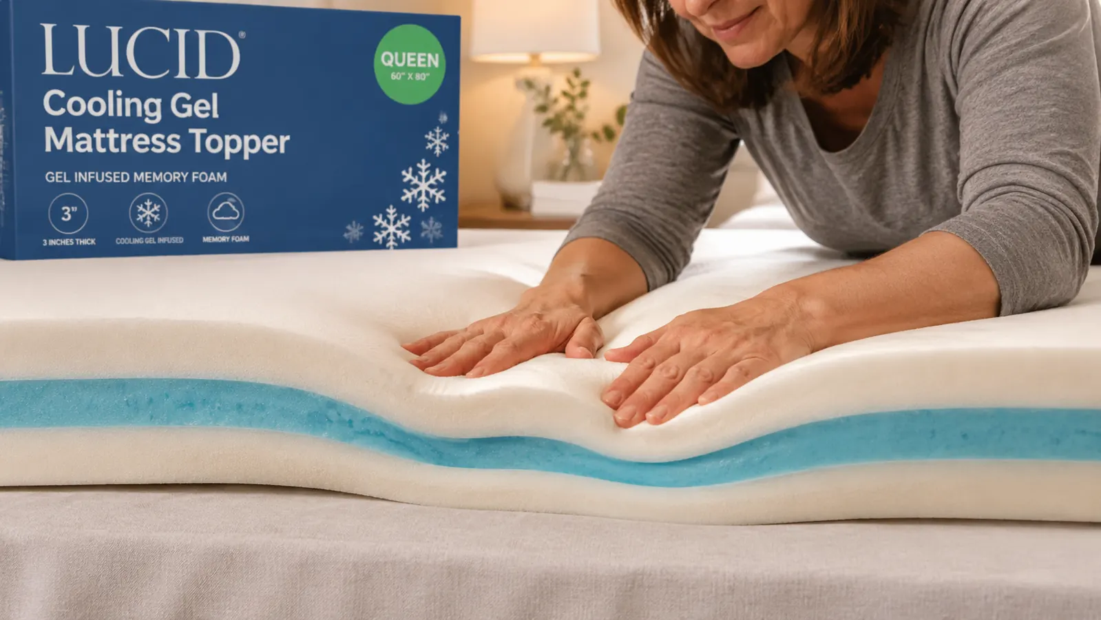 Hands pressing down into a thick gel memory foam mattress topper showing the cooling gel layer