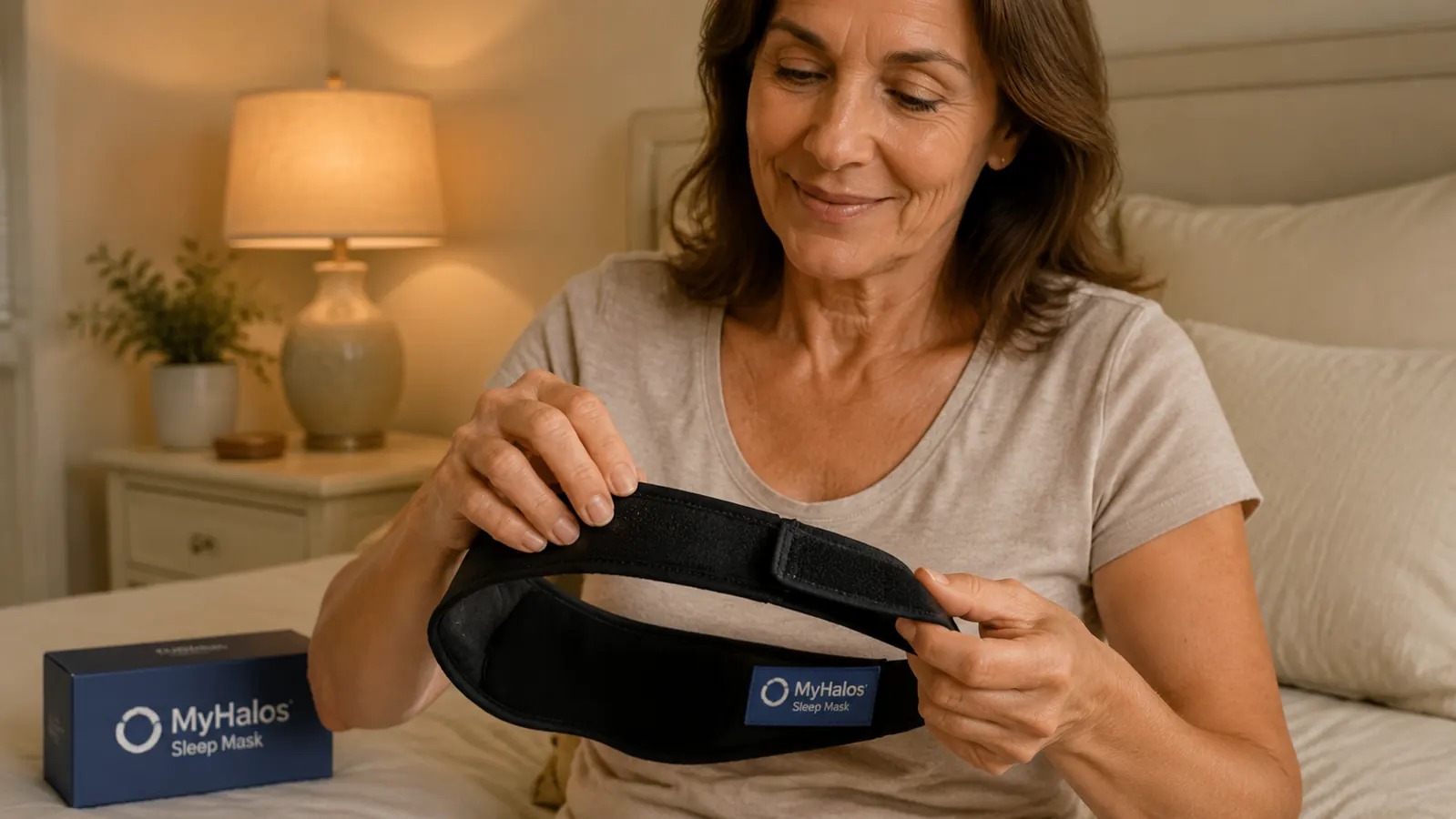 Close-up of hands adjusting the velcro strap on a 3D blackout sleep mask before putting it on