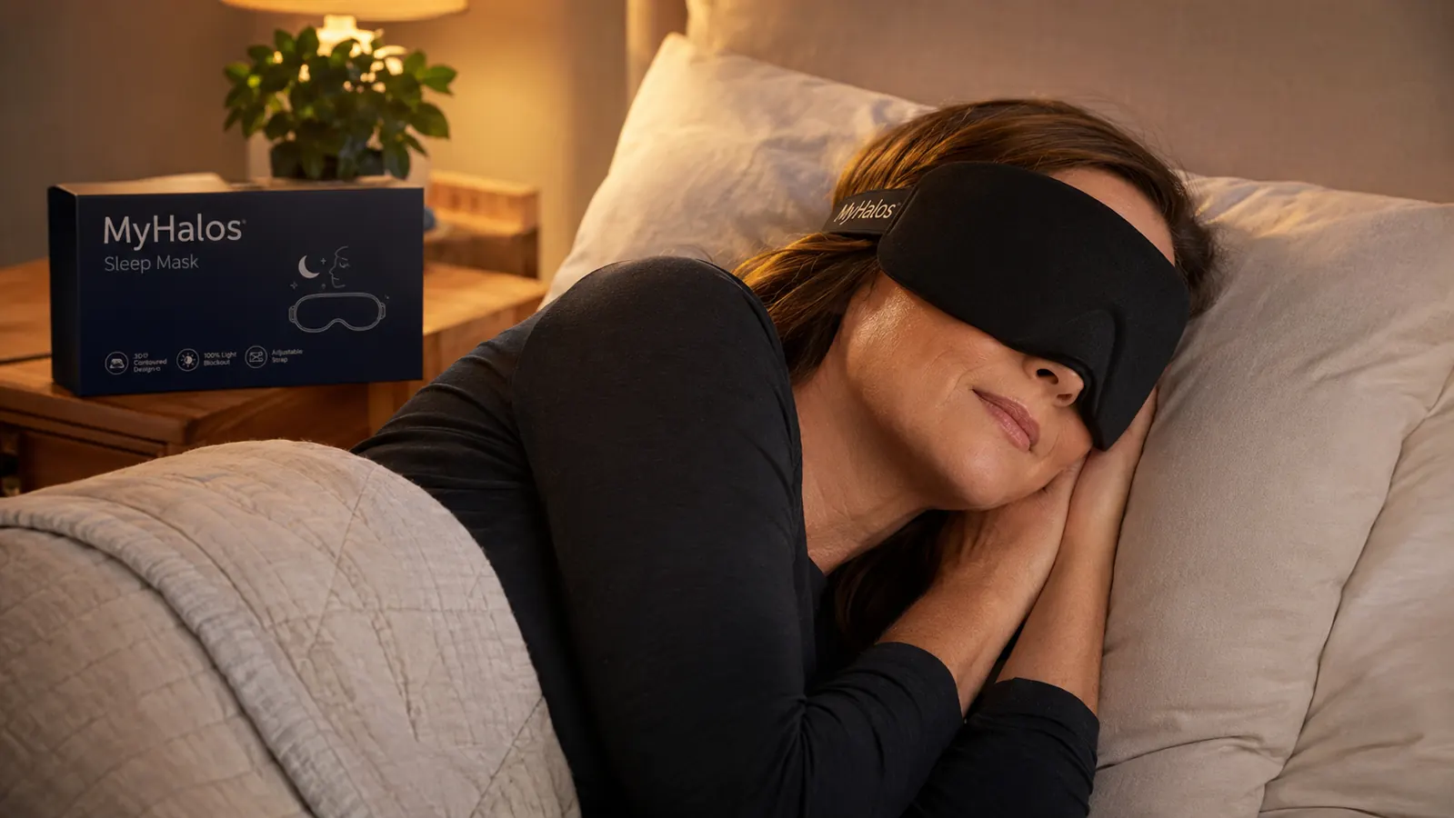 Person wearing a 3D sleep mask lying on their side in bed, relaxed and comfortable