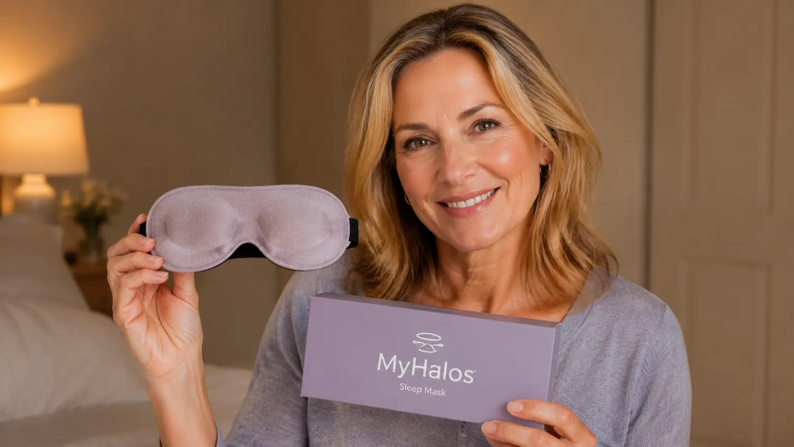 MyHalos 3D sleep mask held in hand showing the raised contoured eye cups from the front