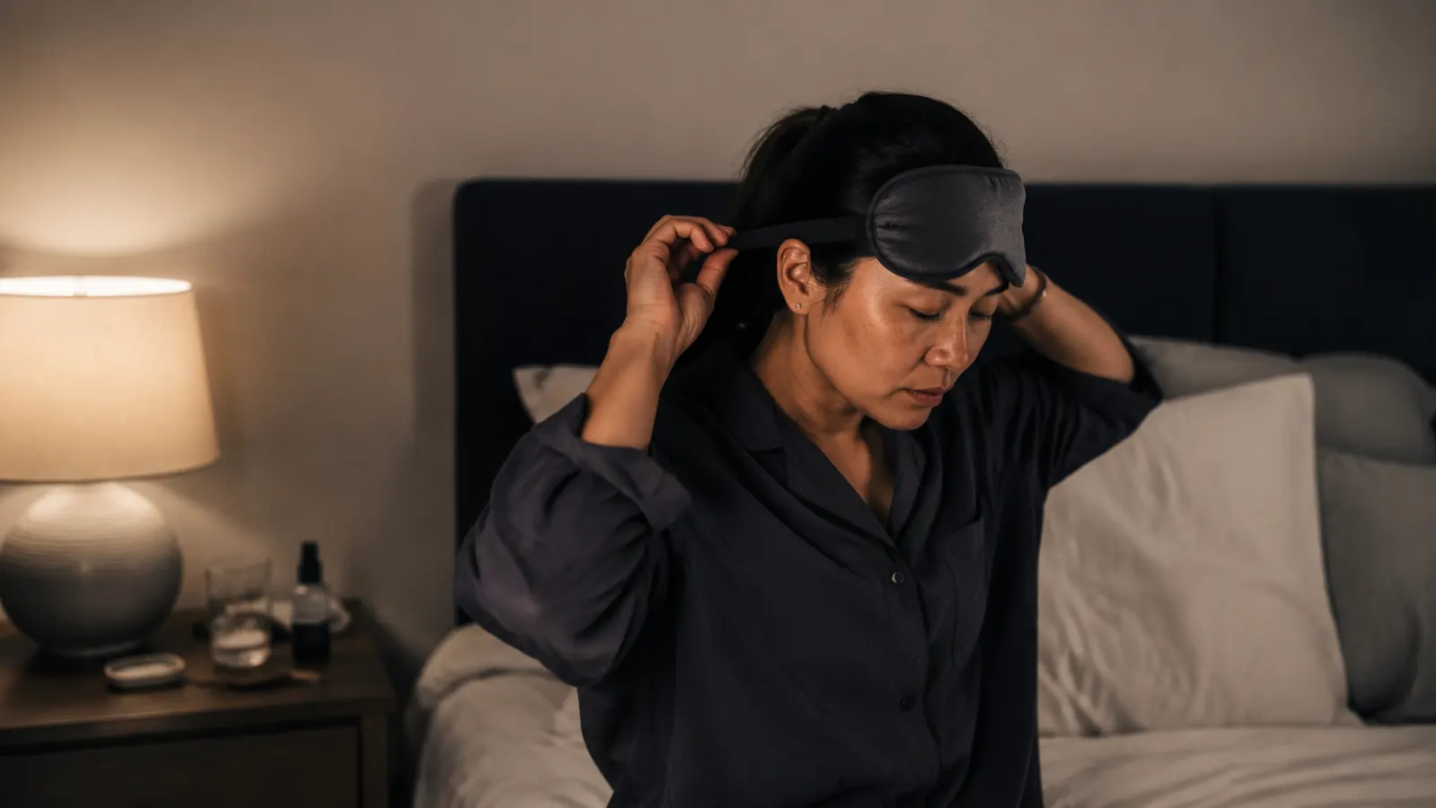 Person seated on the edge of a bed at night adjusting the strap of a sleep mask