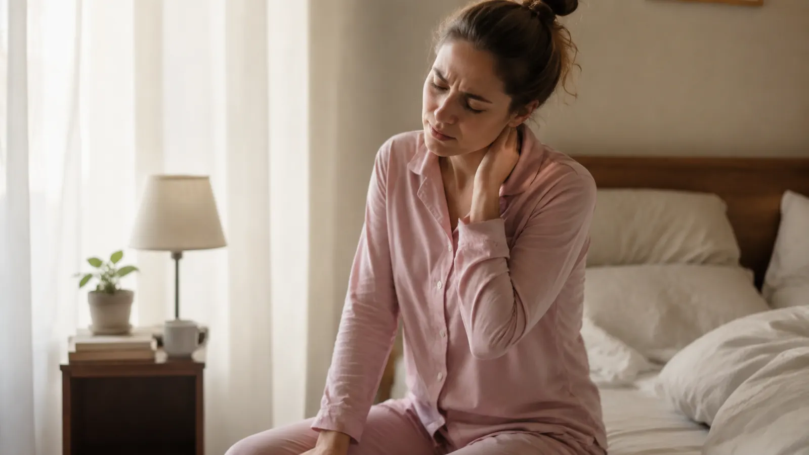 Person sitting on the edge of a bed in the morning, hands pressed against the back of their neck, expression suggesting lingering stiffness
