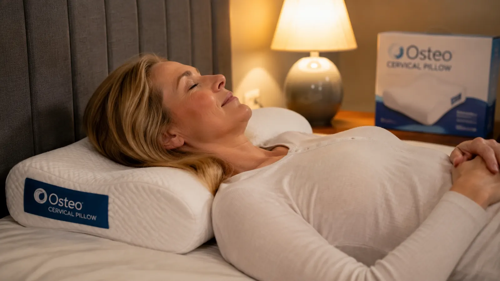 Woman resting comfortably on her back on the Osteo Cervical Pillow, neck in a neutral position, soft bedroom lighting