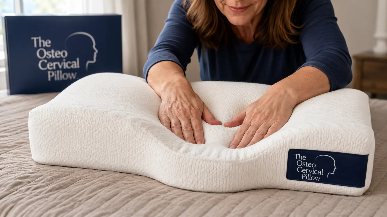 Hands pressing into the contoured hollow of the Osteo Cervical Pillow to show the memory foam depression and dual-height design
