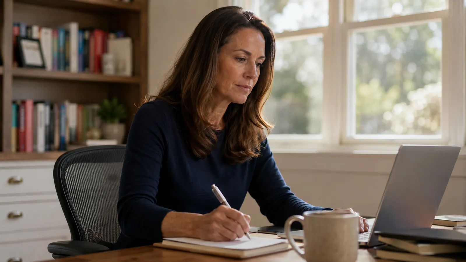 Physical therapist sitting at a desk reviewing notes with good posture, morning light coming through a window