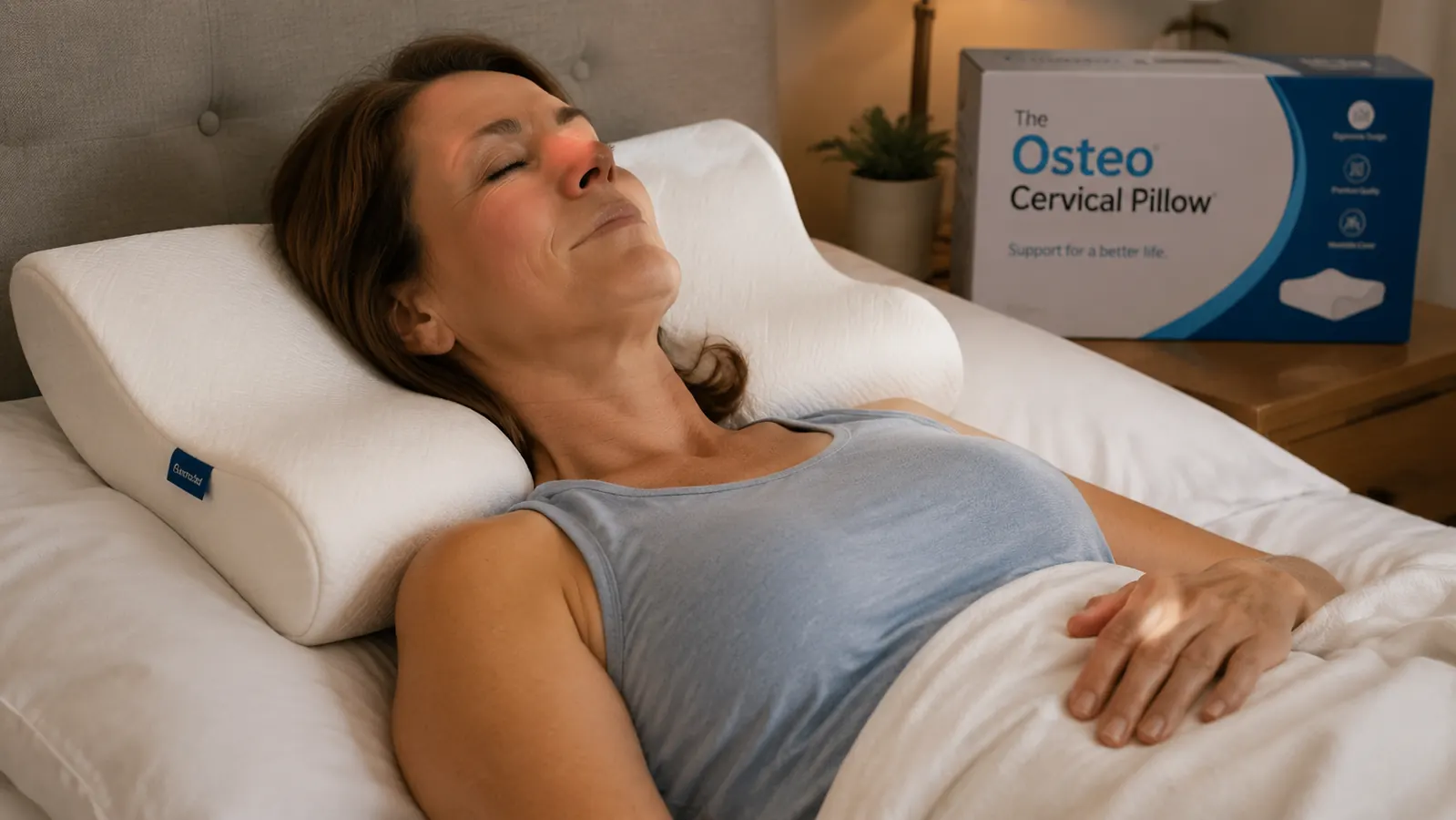 Person lying on their back on a cervical pillow, neck resting in the natural curve of the contoured foam