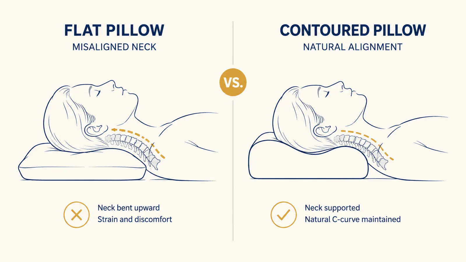 Diagram comparing cervical spine alignment on a flat regular pillow versus a contoured cervical pillow showing the difference in neck curve support