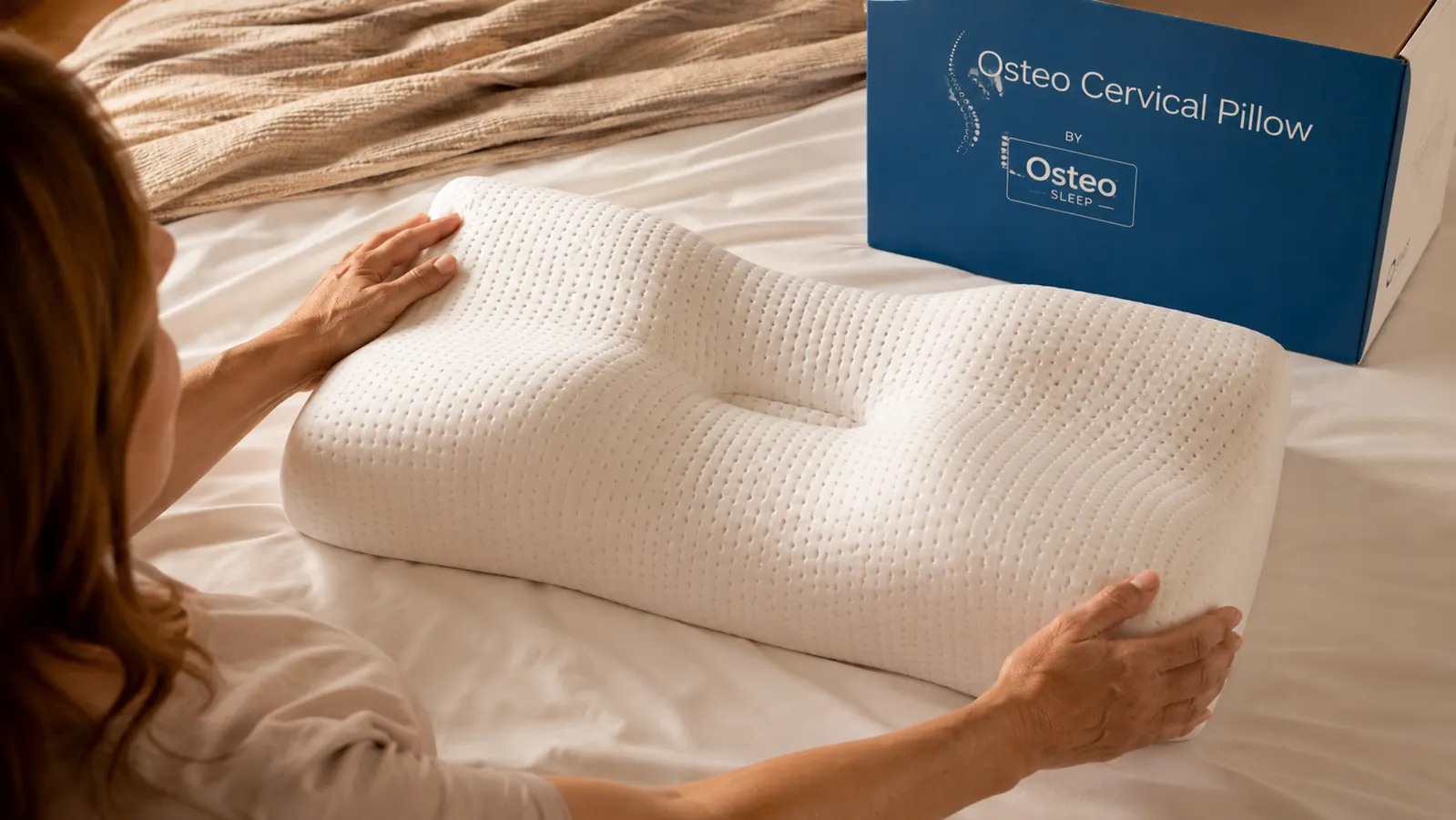 Close-up of the hollow center and contoured ridges of the Osteo cervical pillow showing the memory foam structure