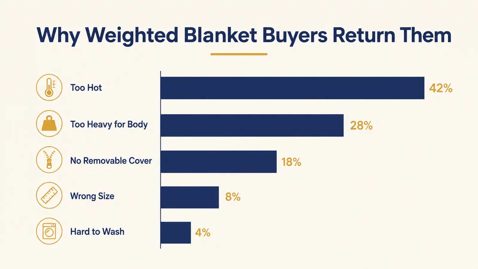 Bar chart comparing average return reasons for weighted blankets: too hot, too heavy, no removable cover, size mismatch, washing difficulty