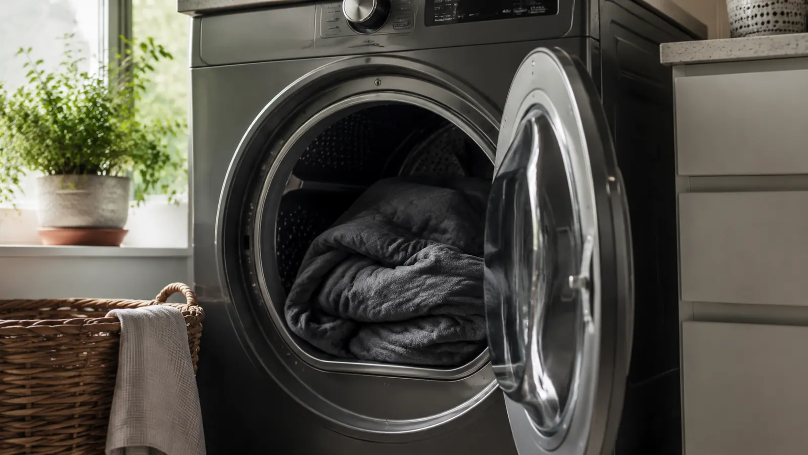 A weighted blanket inside a large front-loading dryer drum, visible through the glass, with the door slightly open