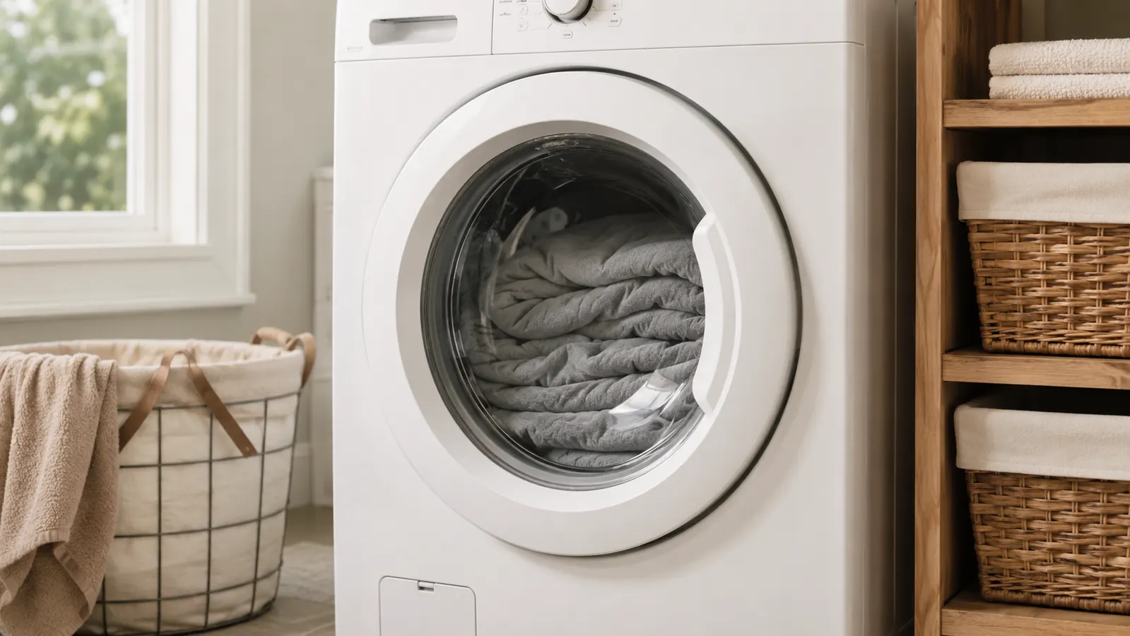 Washing machine with a folded weighted blanket visible through the glass door, on a laundry room shelf