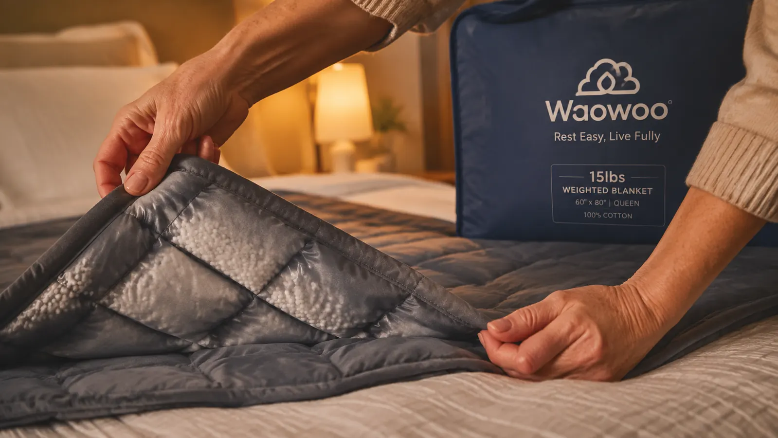 Hands smoothing a cotton weighted blanket across a bed showing the glass bead texture inside