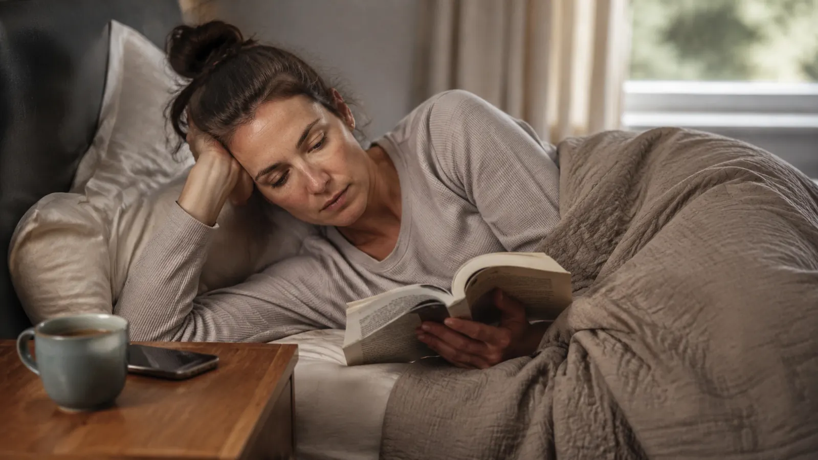 Woman reading in bed under a weighted blanket looking relaxed, a cup of tea on the nightstand