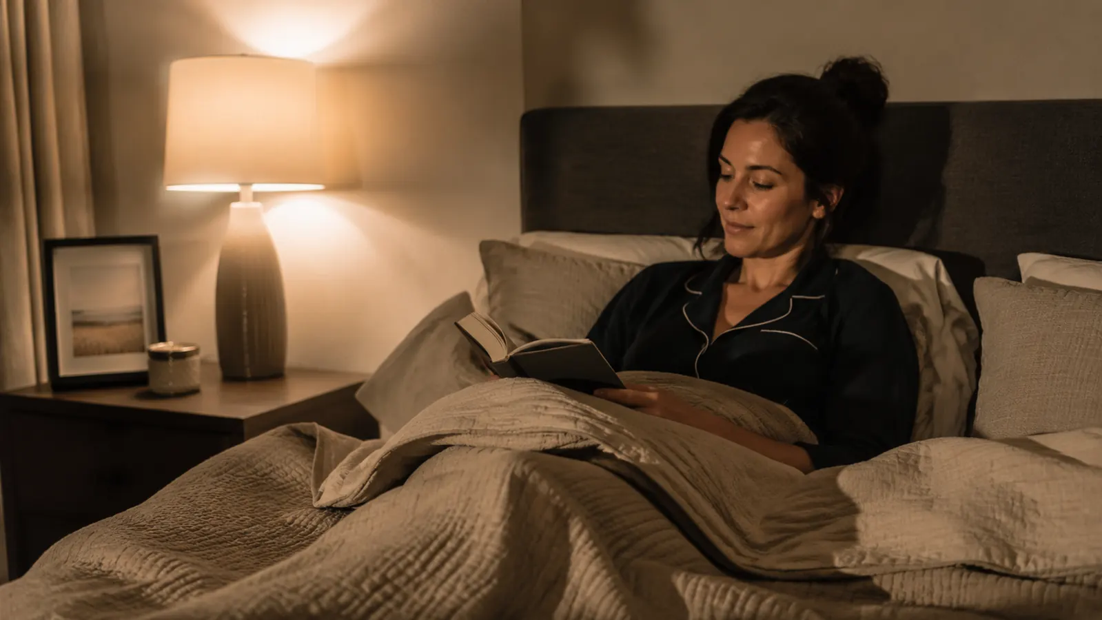 Person reading in bed under a weighted blanket, relaxed posture, soft lamp light, a glass of water on the nightstand